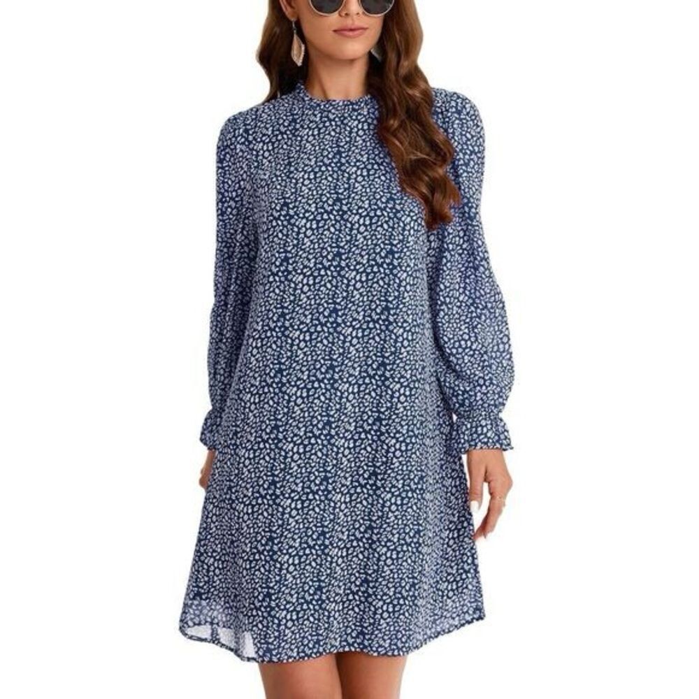NWT Kojooin Ruffle Mock Neck Long Sleeve Floral Pleated Flowy Mini Dress Sz XXL
